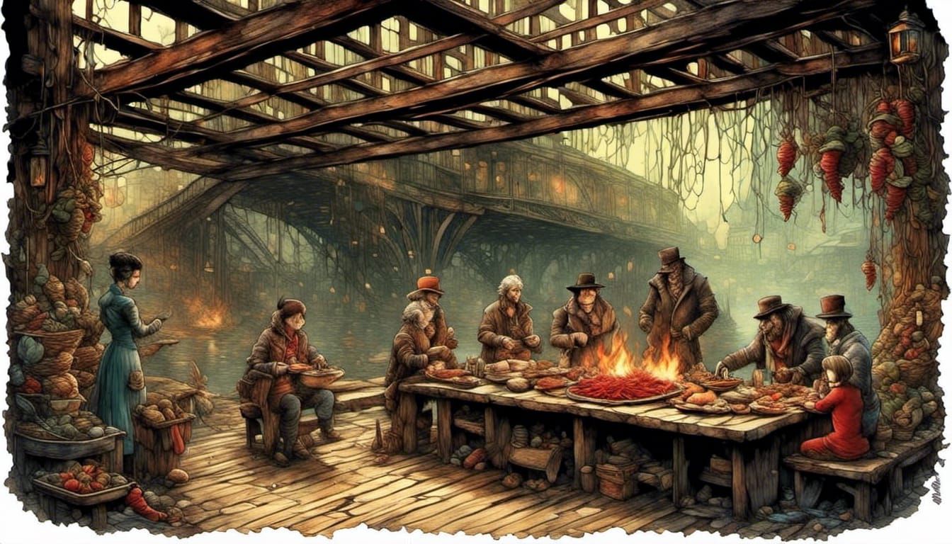 Fantasy Family Feast Under Bridge, Grilling Chili