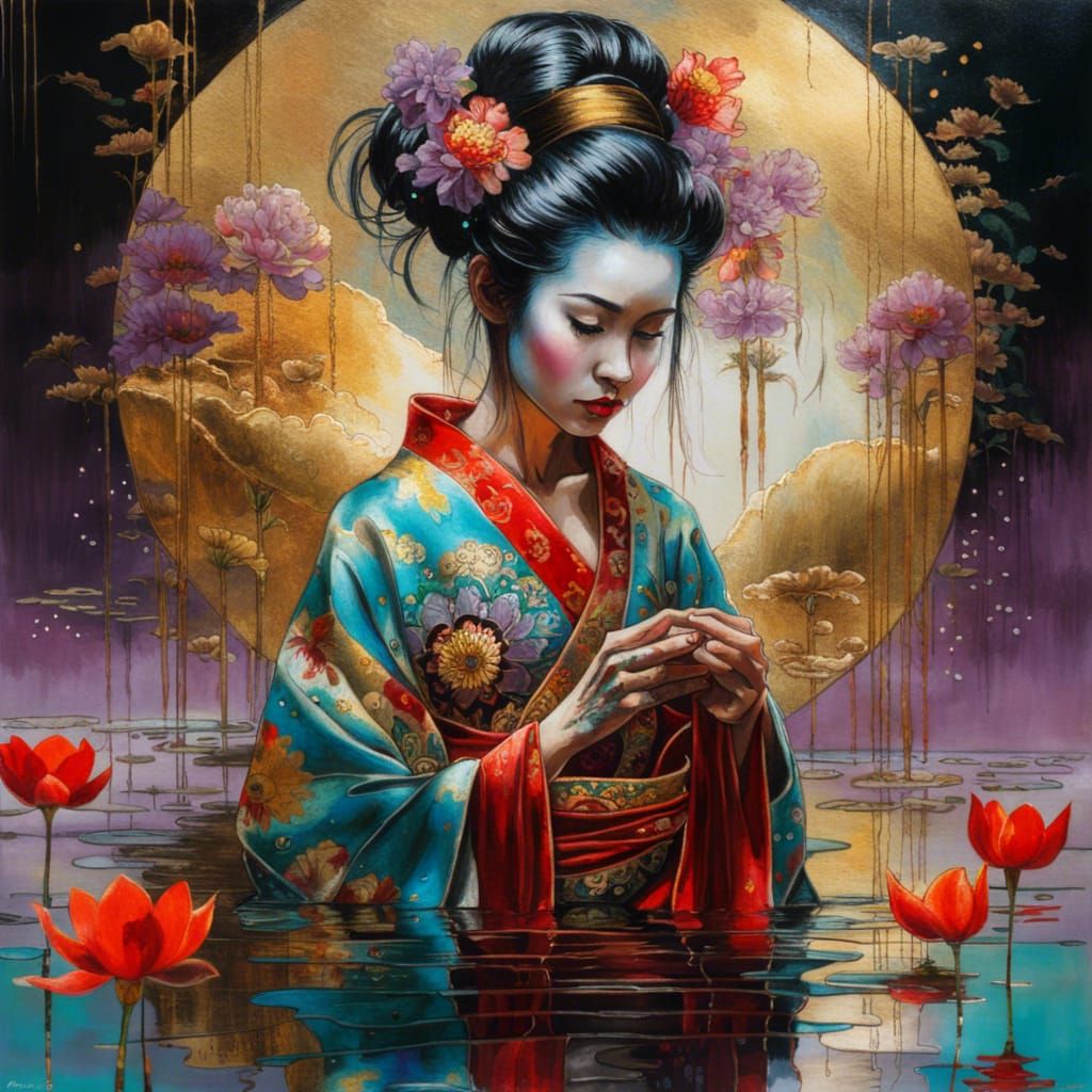 Geisha's Mirrored Reflection in Dark Fantasy Style