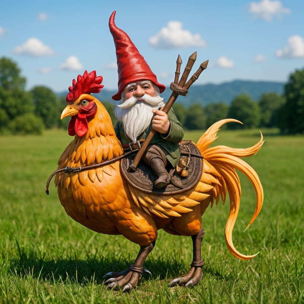 Gnome riding a chicken