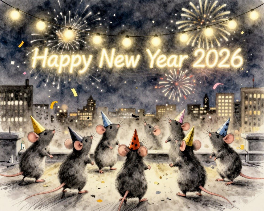 Mice Celebrate New Year's Eve on Rooftop in Charcoal and Wat...
