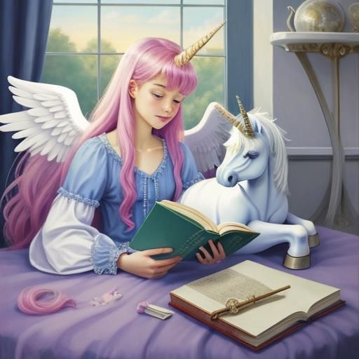 Angel Reading on a Unicorn