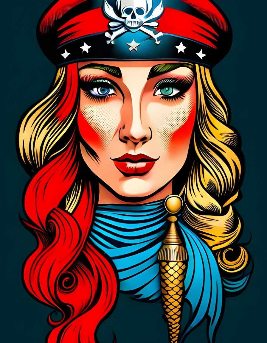 Mermaid Pirate Captain in Vintage Pop Art Style