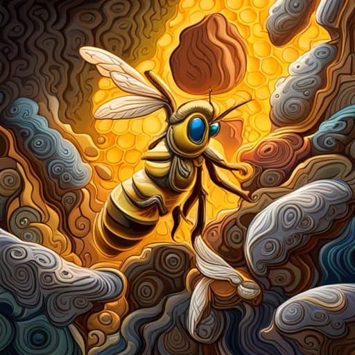 Golden Honey Bees in Hive: Graffiti Art Style