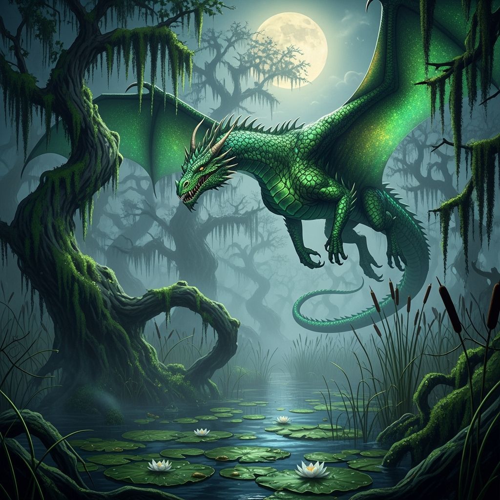 Majestic Green Dragon Soaring Over Eerie Swamp
