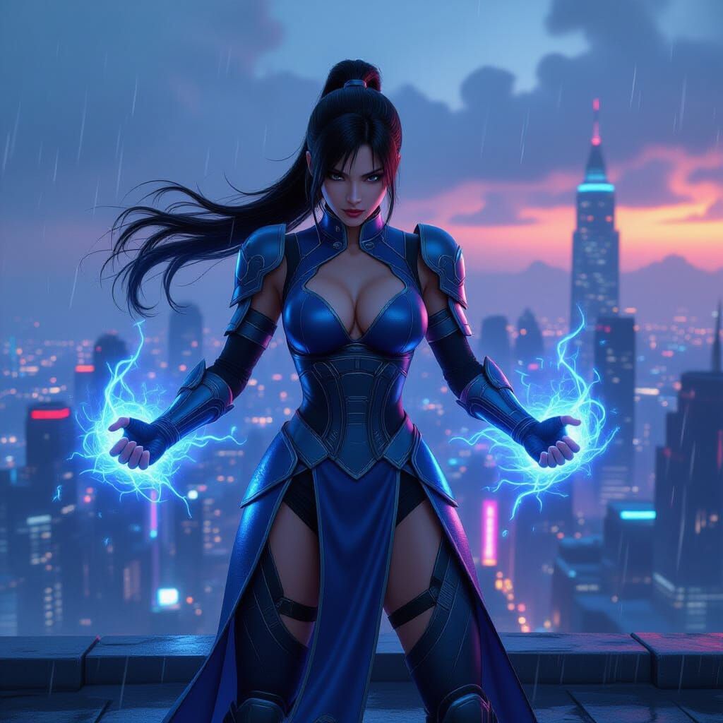 Cyberpunk Warrior on Rooftop Overlooking Neon City