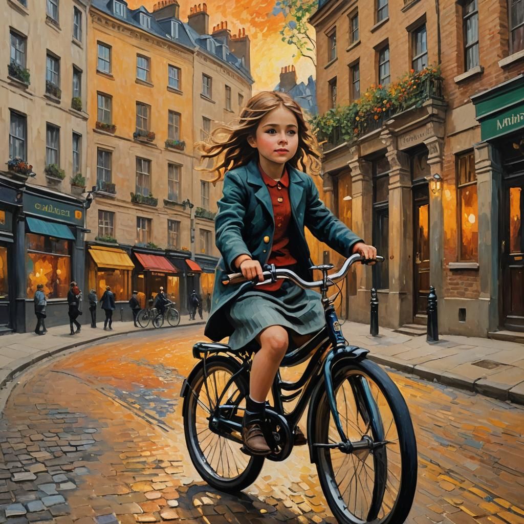 Girl on Bicycle, London Sunset: Impasto Oil Painting
