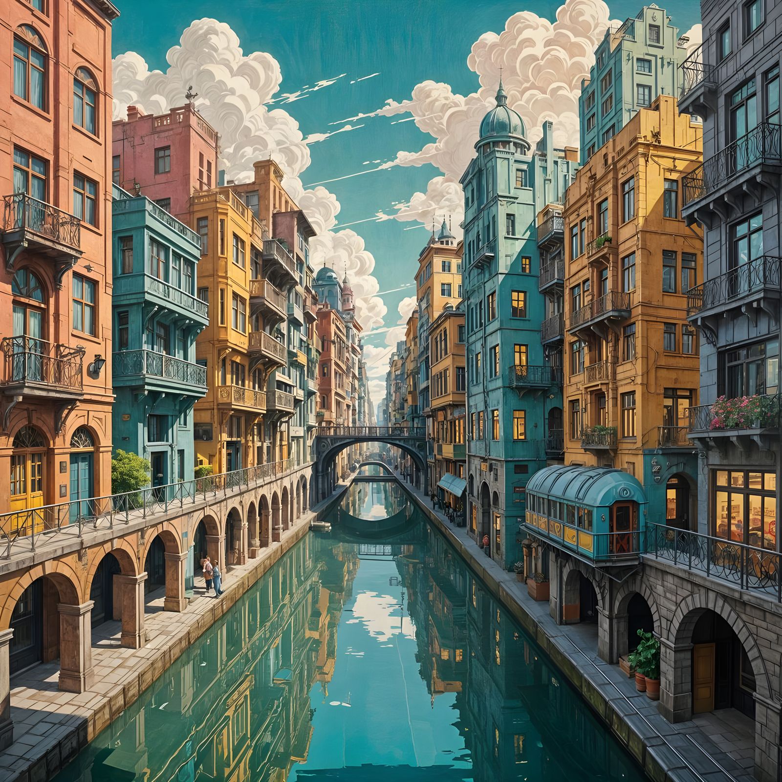 Vibrant Art Deco Cityscape with Retrofuturistic Railroads