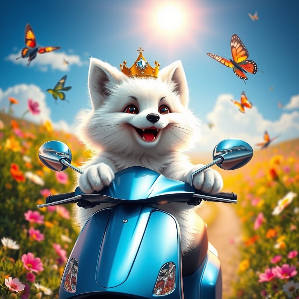 Enchanted Arctic Fox Rides Magical Scooter through Vibrant W...