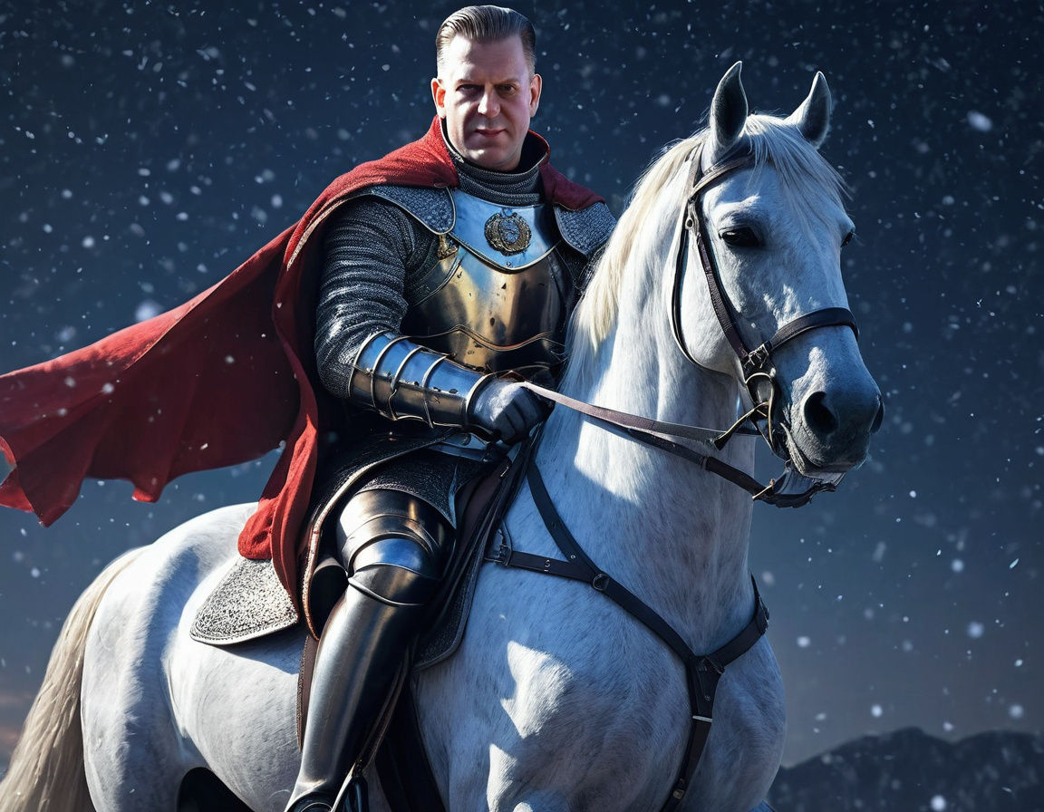 Cyberpunk Knights Templar Ride into the Snowy Night