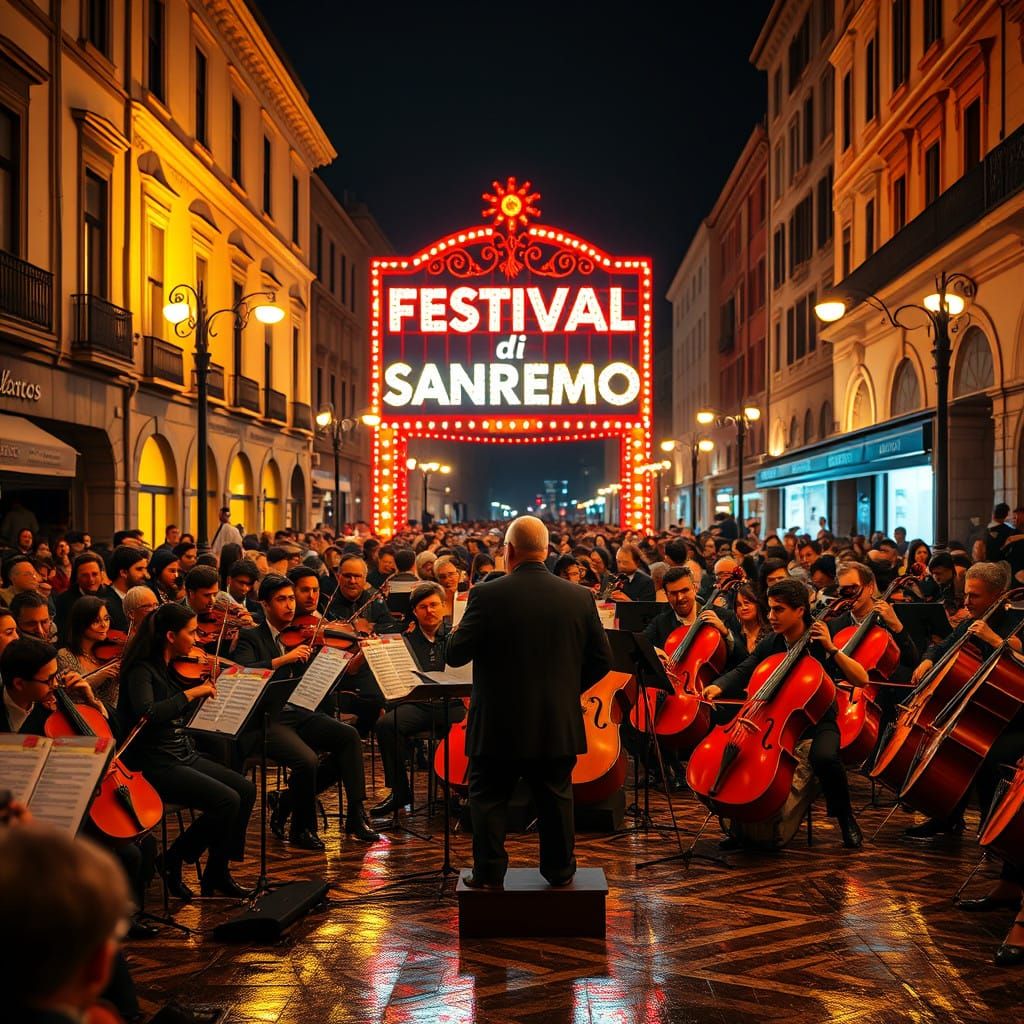 Vibrant Sanremo Orchestra Performance Under Starry Night Sky
