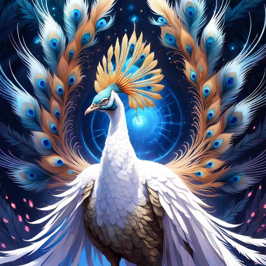 Albino Peacock in Fantasy Landscape Illustration