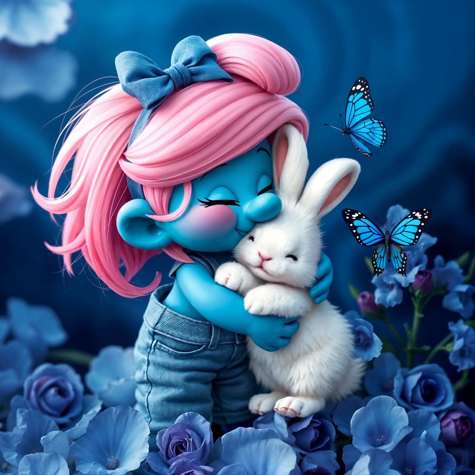 Kawaii Smurf Girl Hugging Bunny