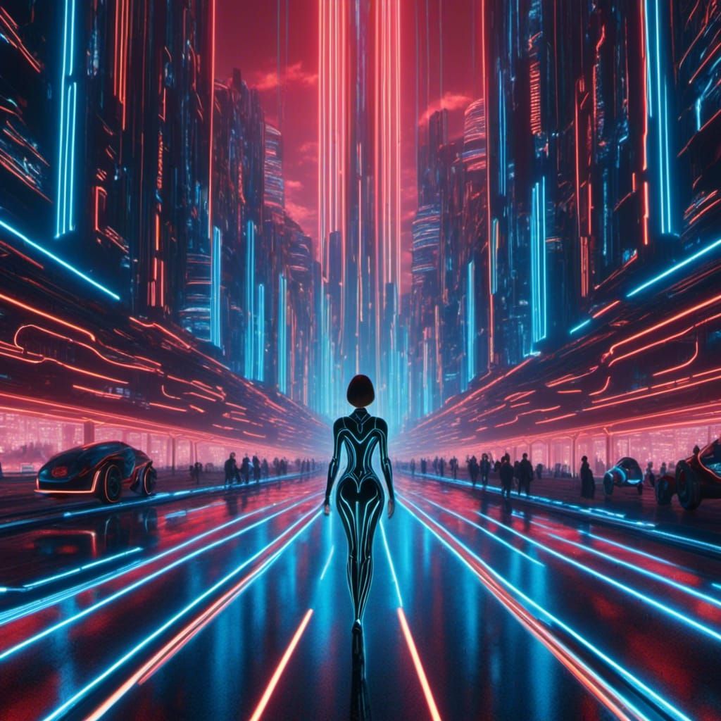 TRON inspired city and citizens in the style Studio Ghibli <lora:Gridrunners v1:1.0>