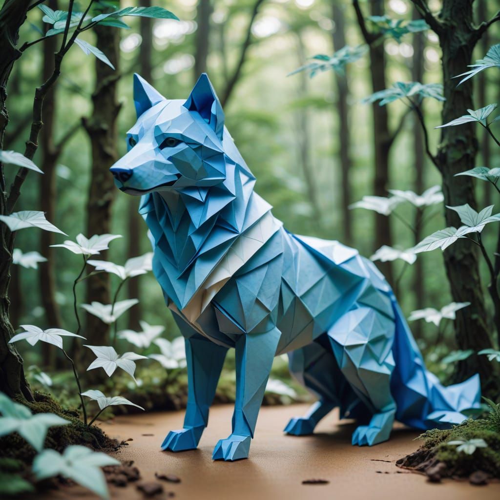 Intricate Origami Blue Electric Wolf in Soft Focus