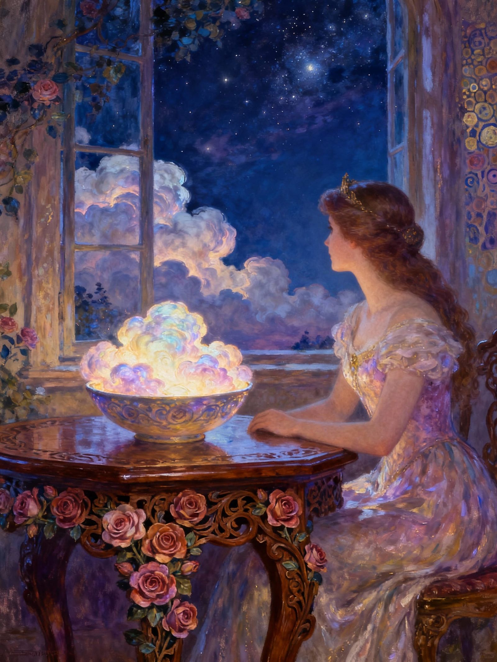 Princess Gazes at Night Sky, Cloud Bowl on Rose Table