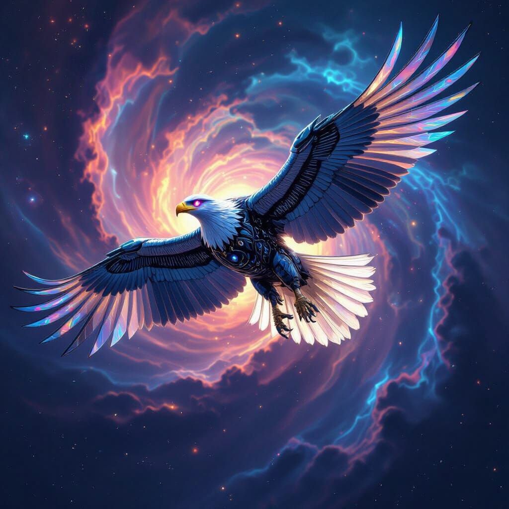 Robotic Eagle Soars Through Kaleidoscopic Nebula