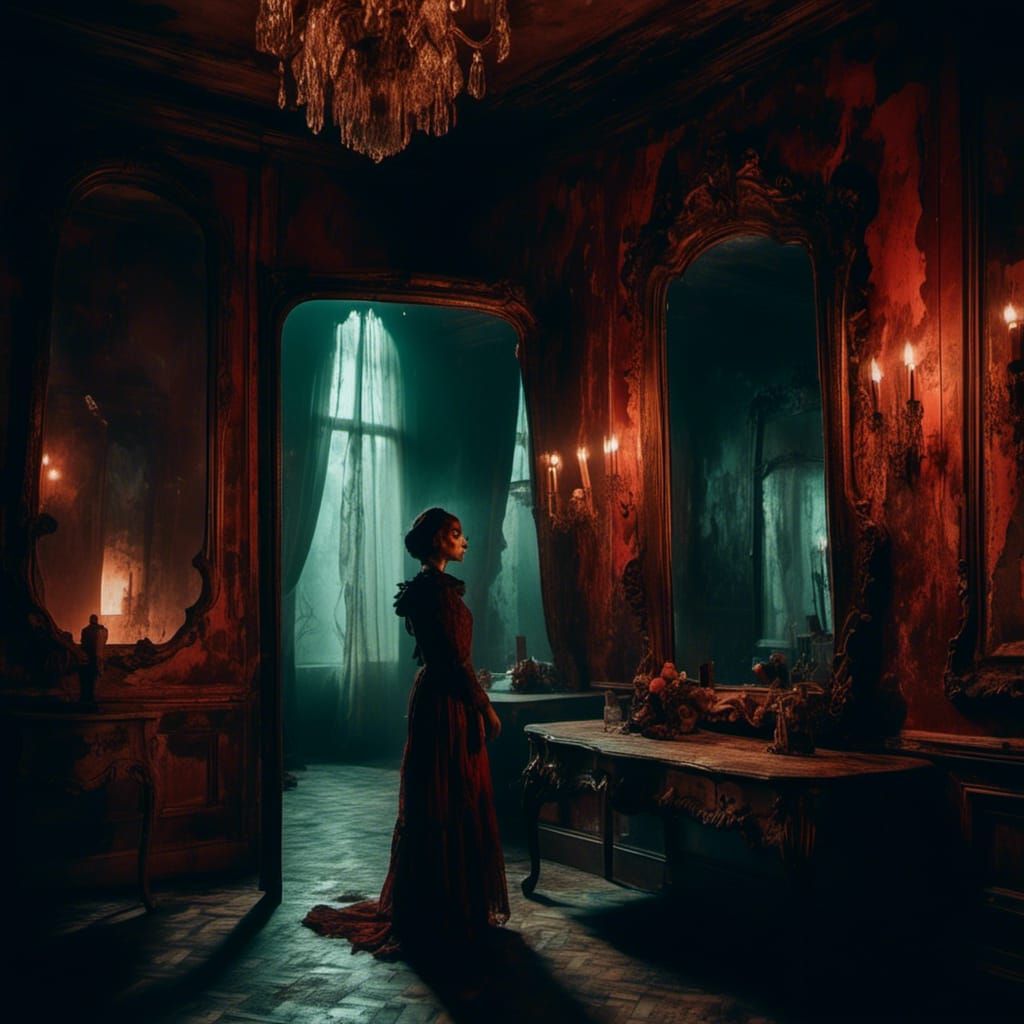 Distorted Reflection: Surreal Portrait in Dimly Lit Room