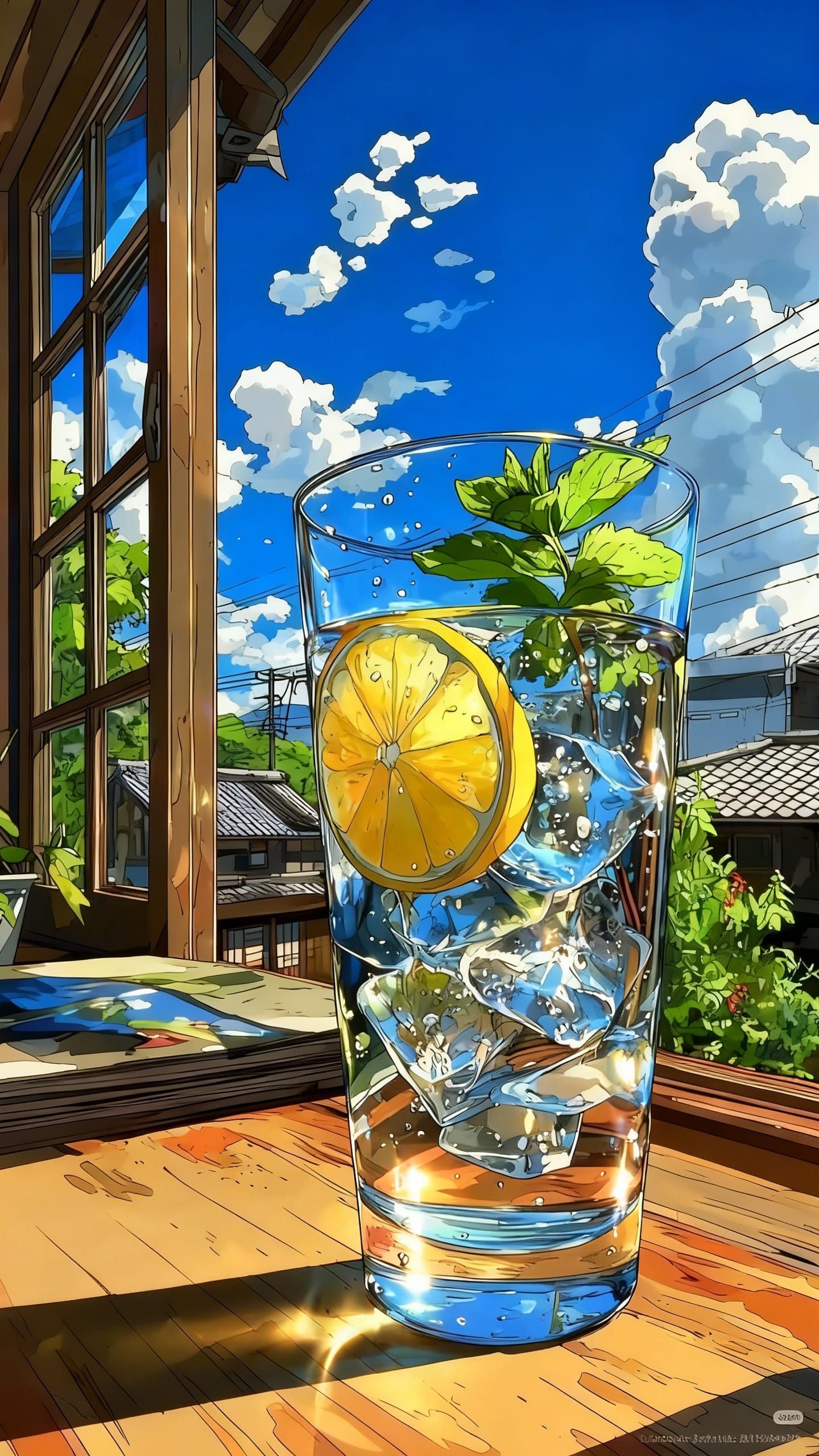 Anime Style Sparkling Water Glass on Sunlit Table