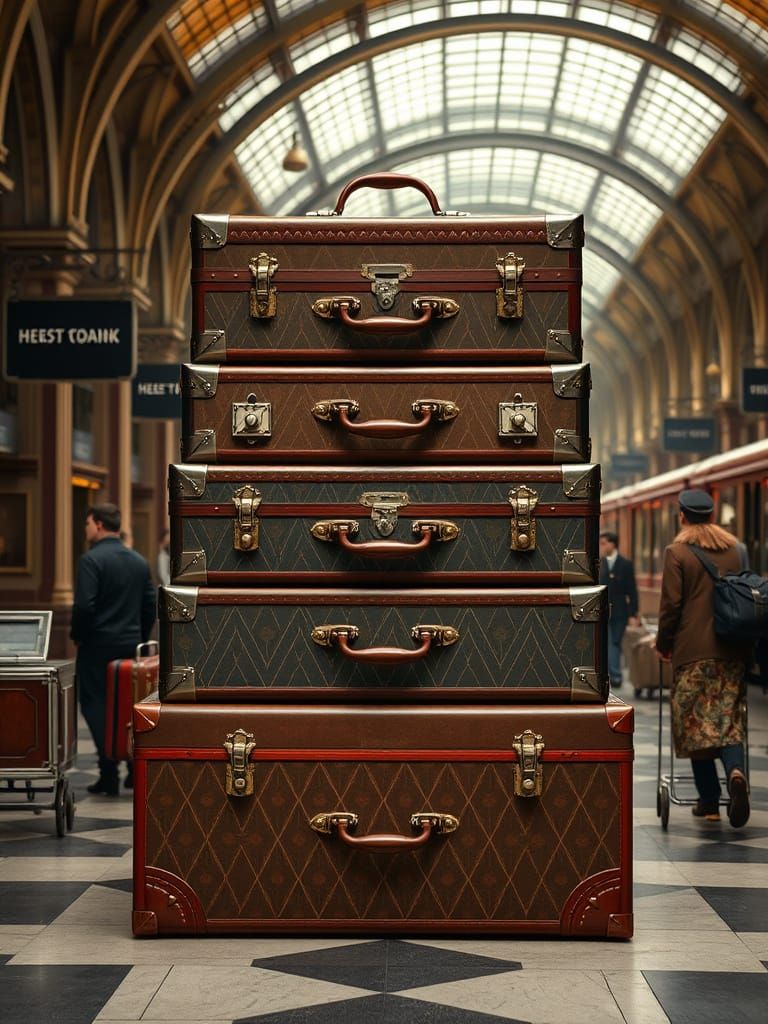 Vintage Suitcase Mosaic Portrait in Art Deco Style