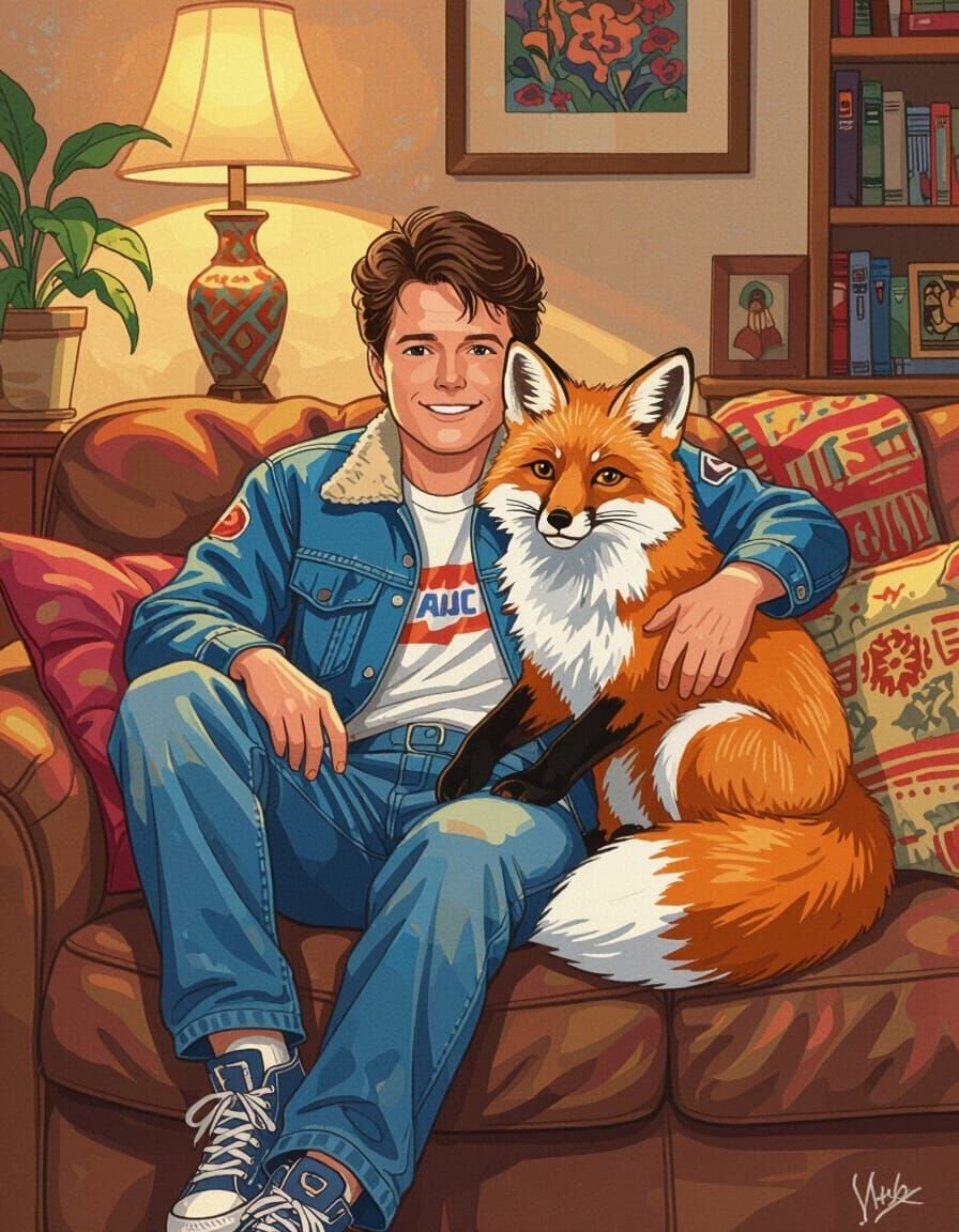 Marty McFly and Fox Cuddling, Rockwell-esque Illustration