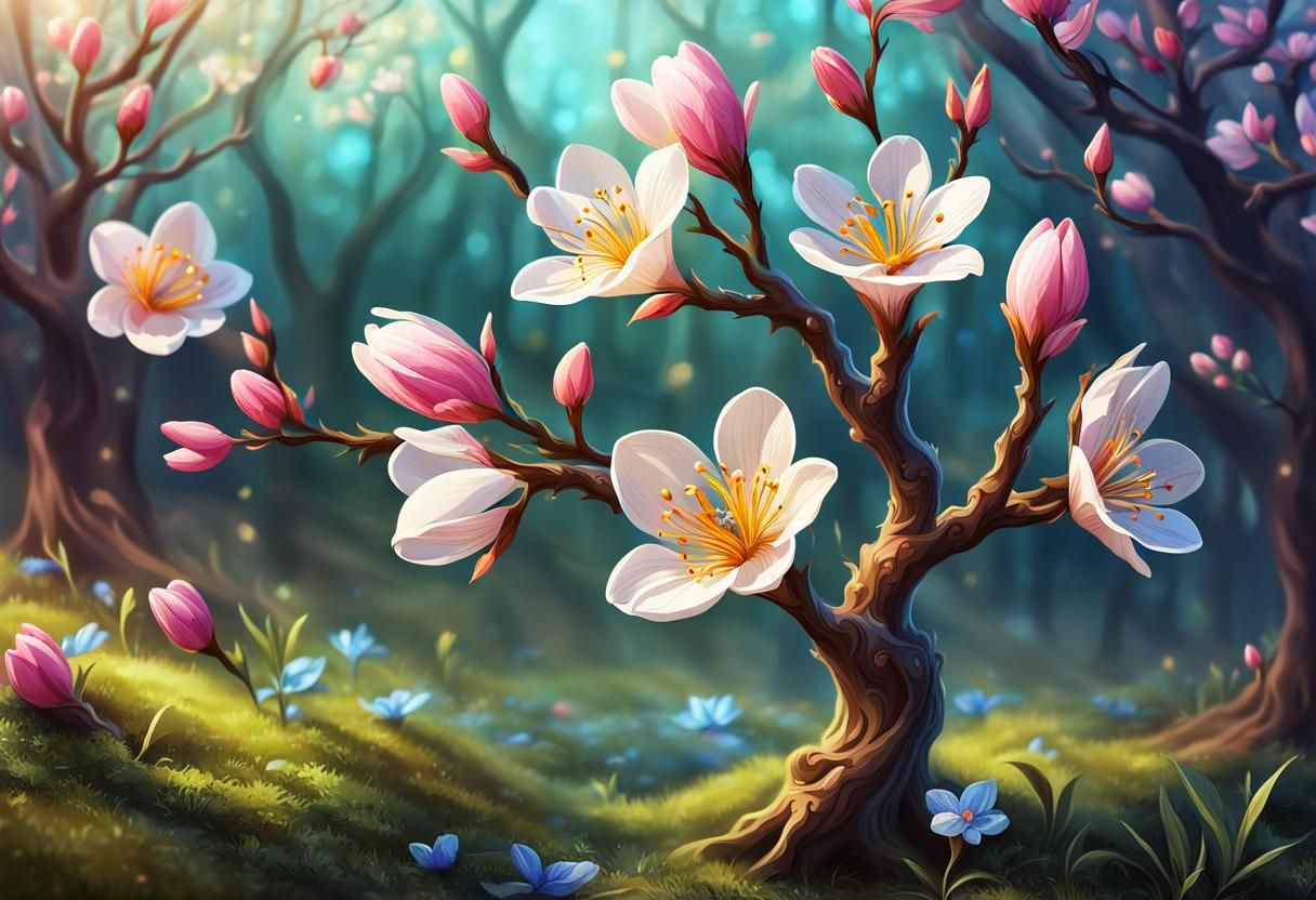 Fantasy Tree Blossoms with Spring Flowers