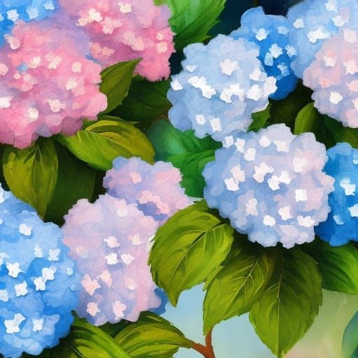 Blue and Pink Hydrangea in Gouache Watercolor Style