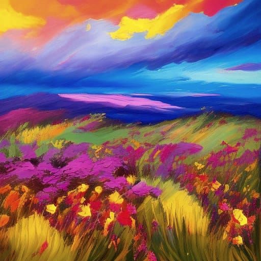 Vibrant Sunset Landscape with Blooming Flowers