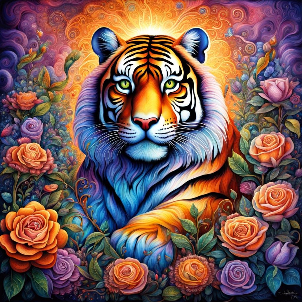 Surrealistic Tiger Amidst Vibrant Roses