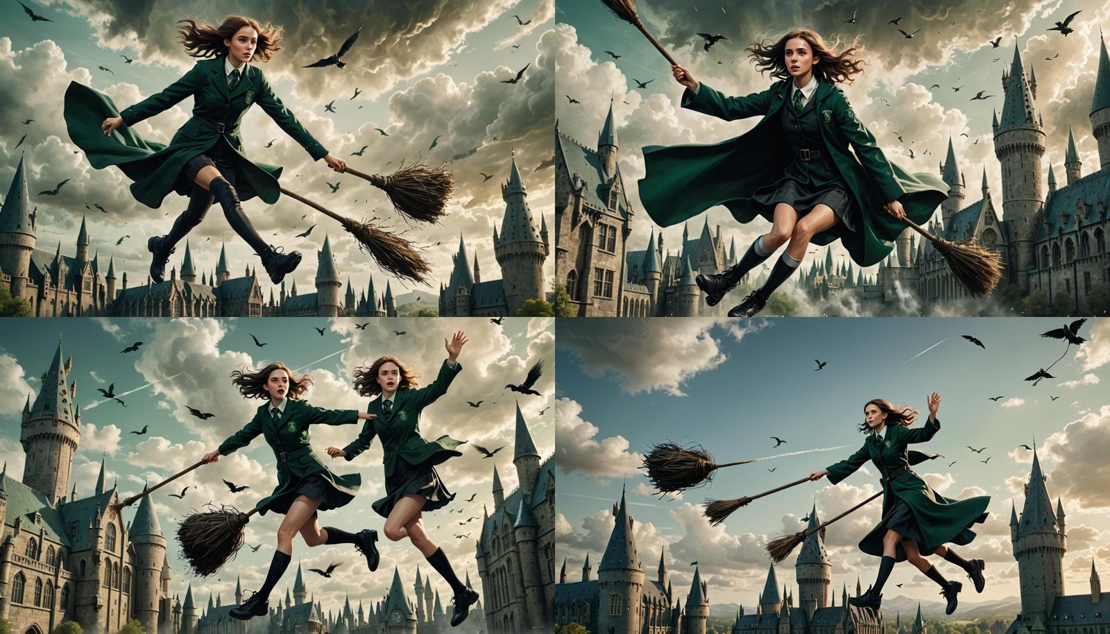 Hogwart's Slytherin student flying around the school