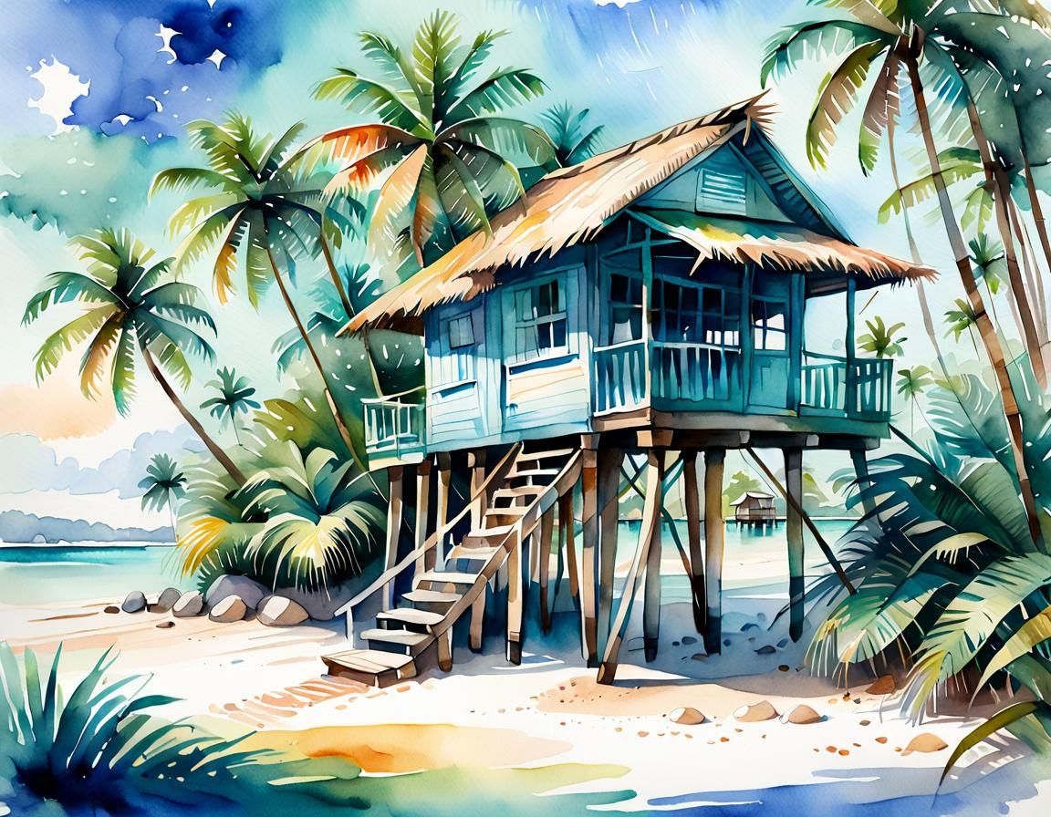 Tropical Beach Hut Watercolor Illustration