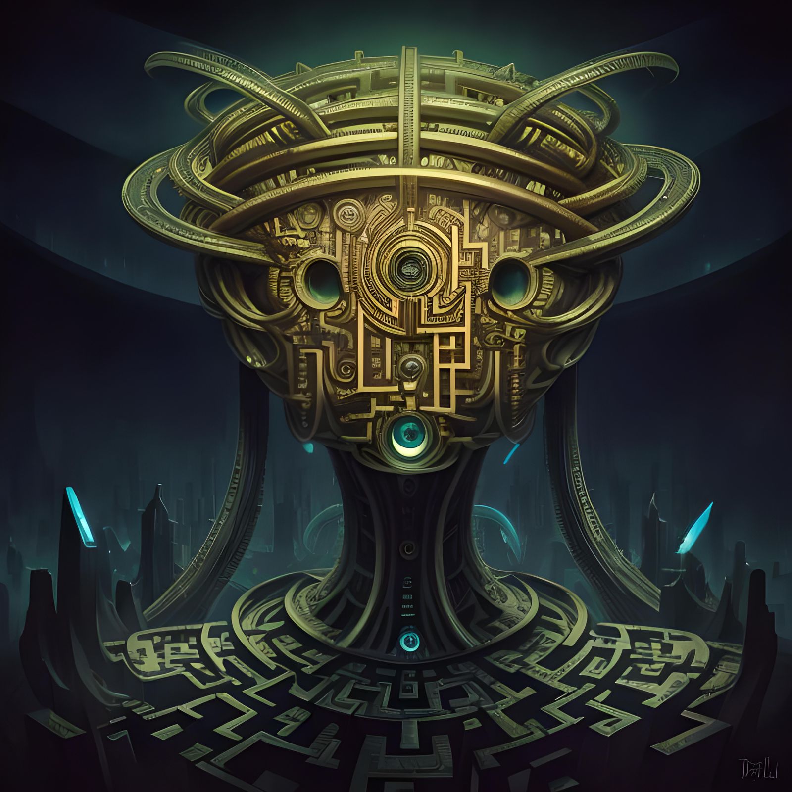 Surreal Bioluminescent Maze Inspired by Metropolis