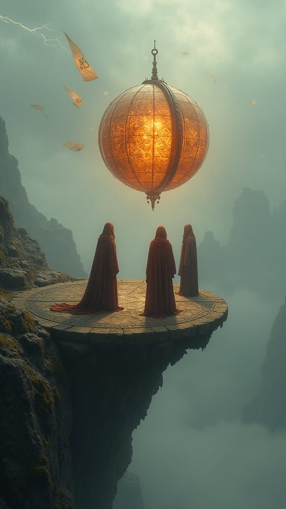 Steampunk Ritual at Cliff's Edge Under Stormy Sky