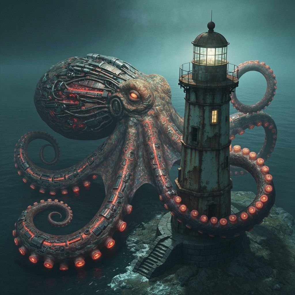 Giant Octopus Attacks Lighthouse in Retro Sci-Fi Style