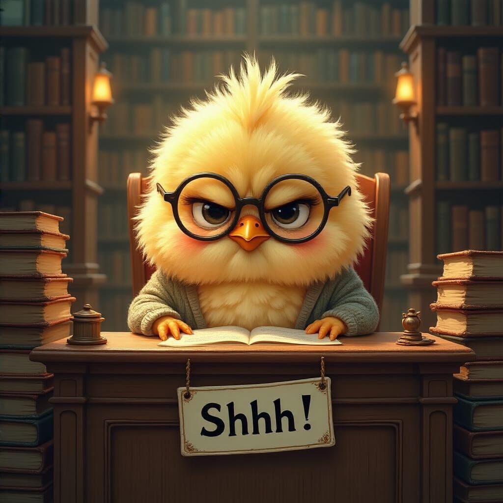 Grumpy Chick Librarian in Whimsical Storybook Style