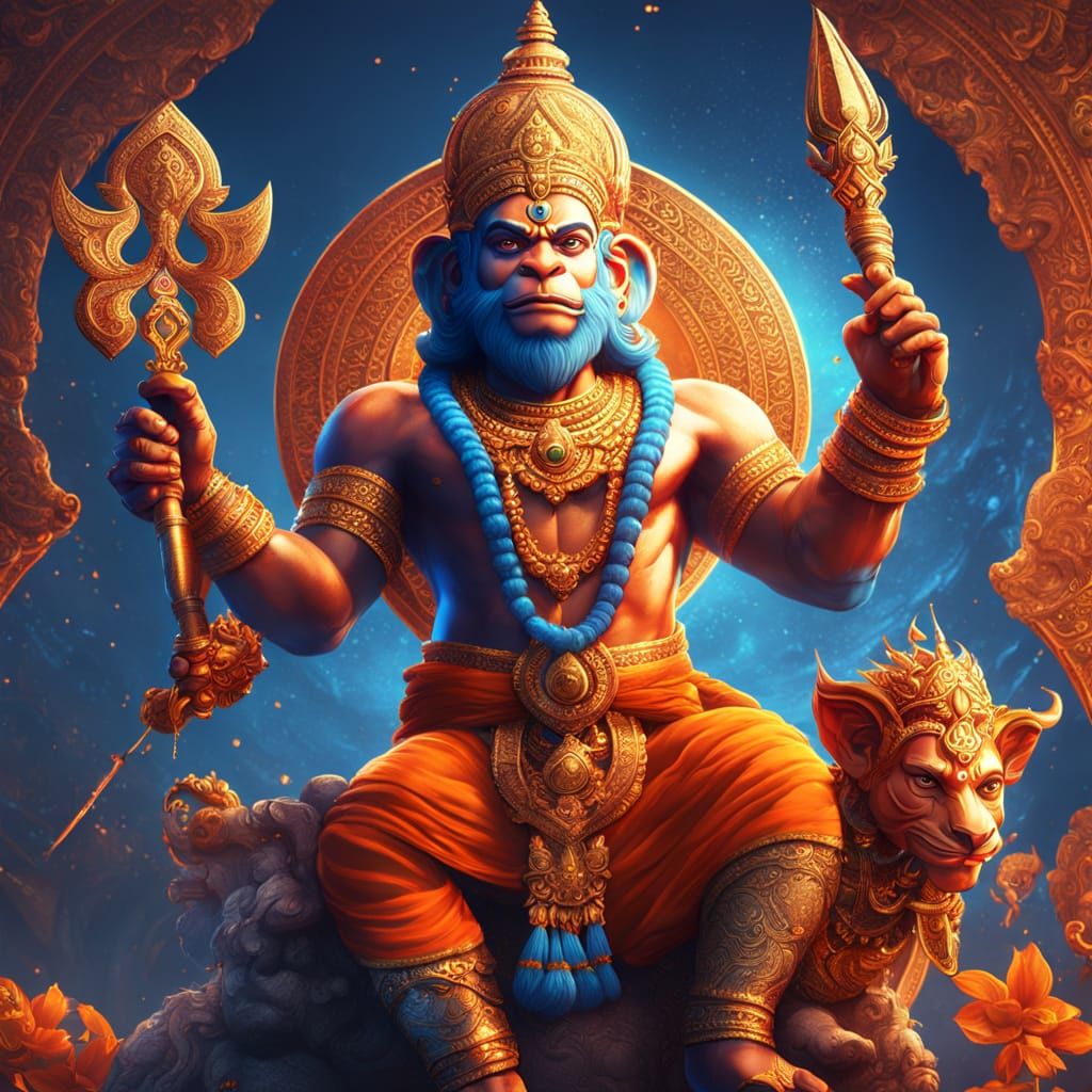 Hanuman Ji in Vibrant Orange and Blue Fantasy Art