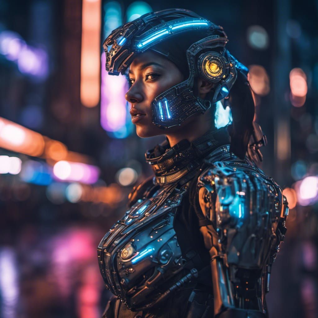 Cyborg Girl with Face Armor in Neon City