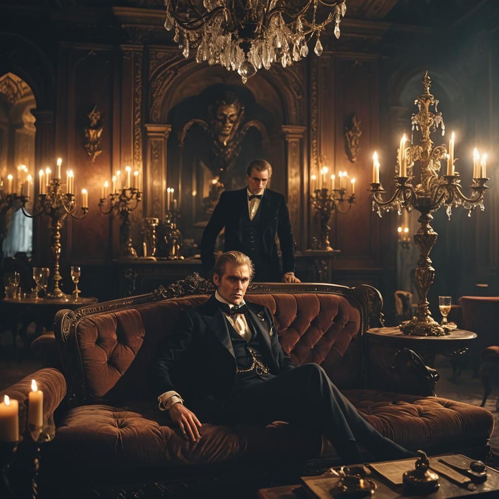 Vampire Lounging in Mansion, Moody Film Noir Style