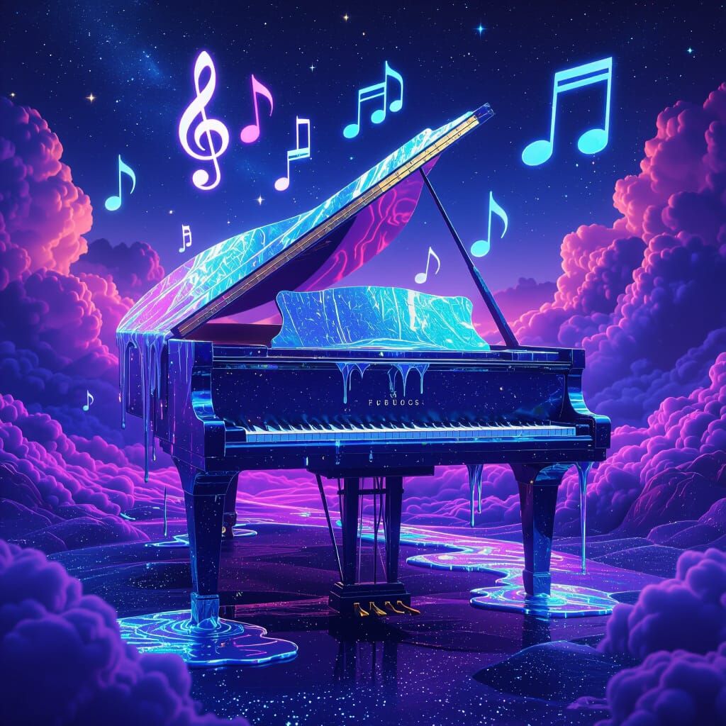 Melting Piano on Cosmic Landscape, Surrealist Style