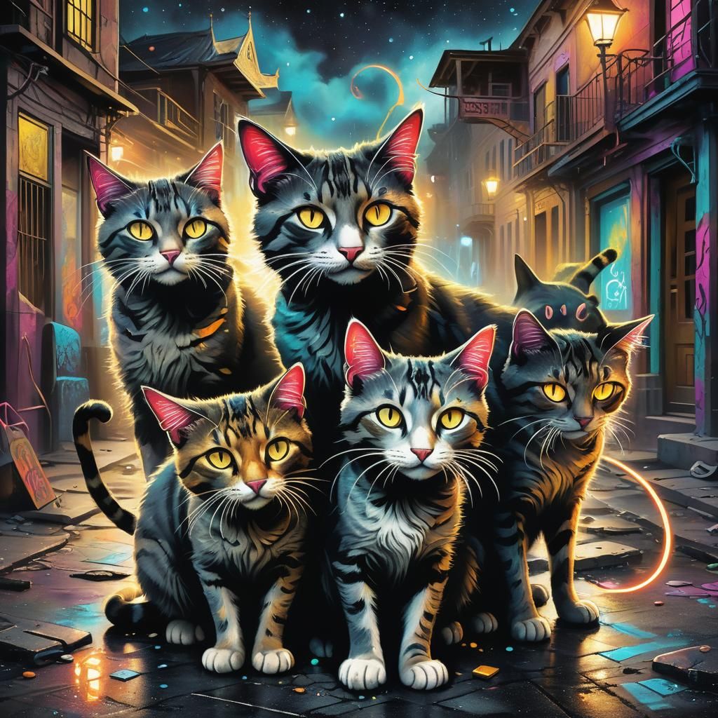 Dystopian Surrealism: Cats in a Mystical Street Scene