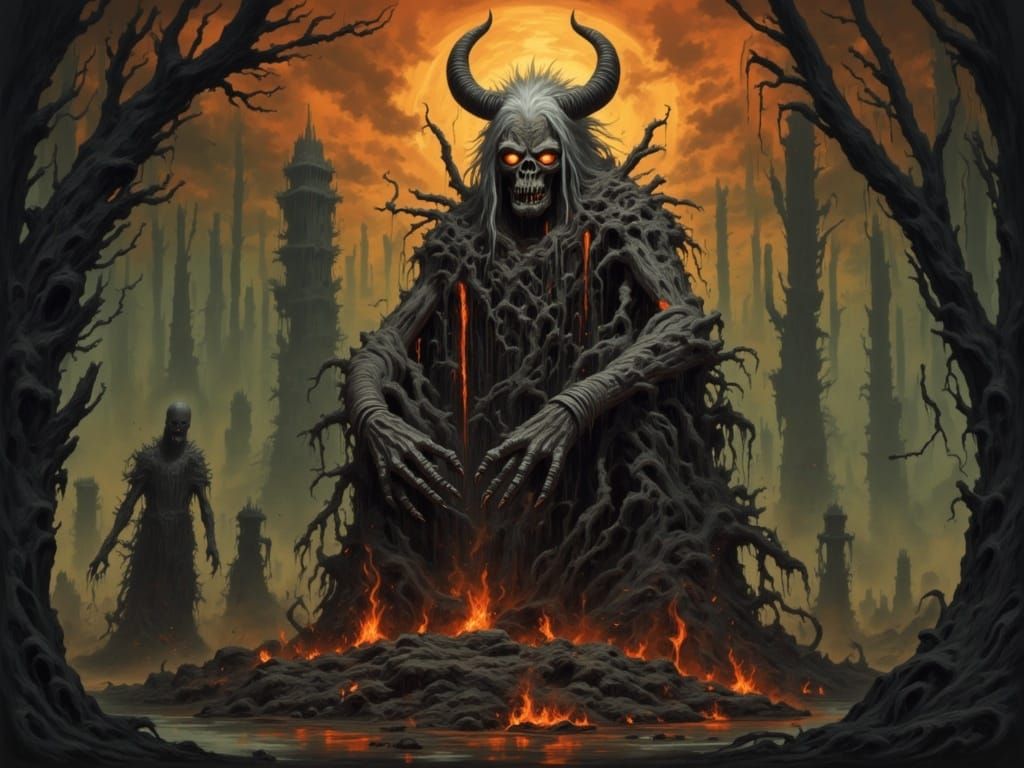 Twisted, Emaciated Horror Figure with Glowing Orange Eyes an...