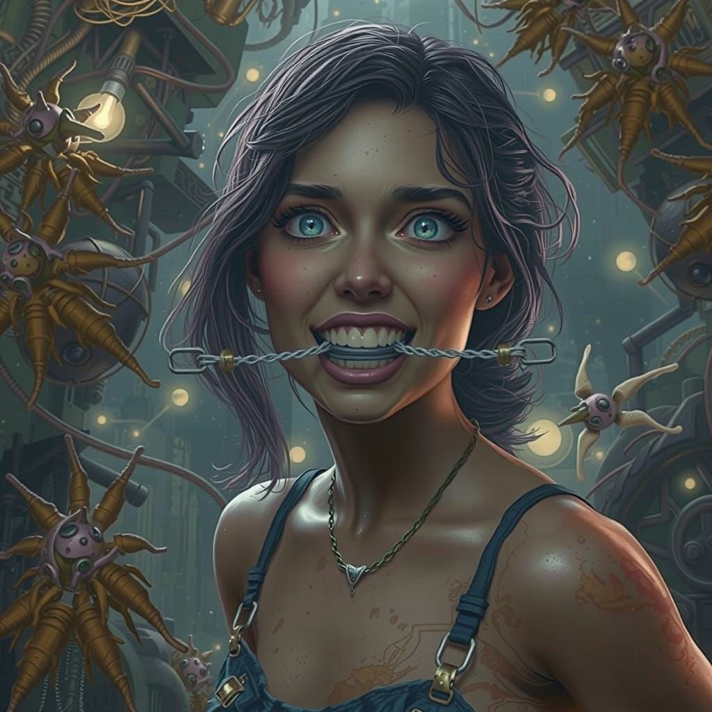 Figure Struggling with Dystopian Metal Gag in Dreamlike Land...