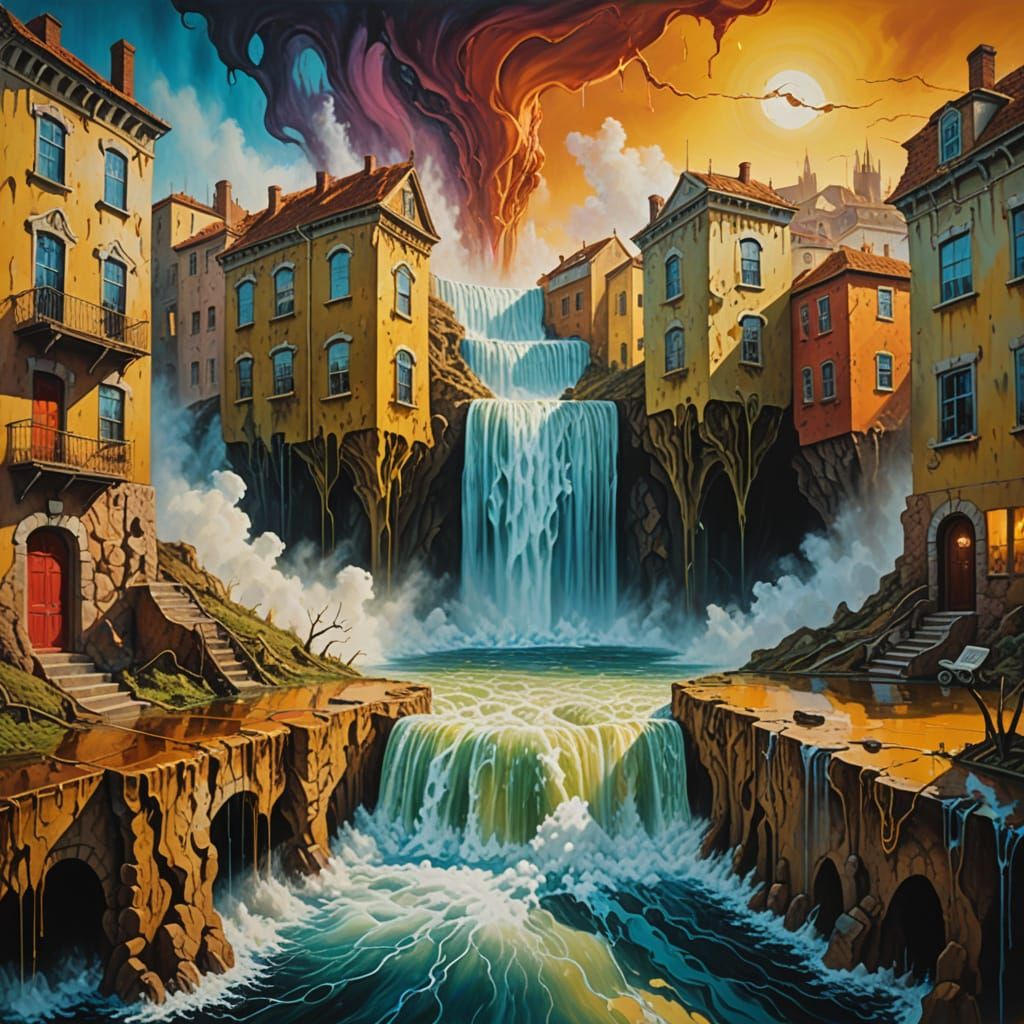 Surrealist Waterfall: A Political Satire in Dali Style