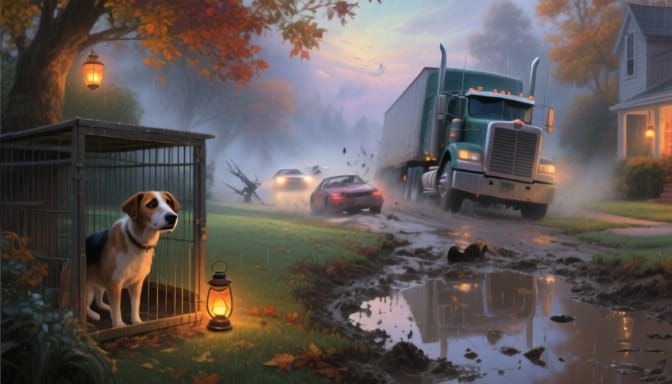 Autumn Dog in Wet Kennel Reflecting Distant Battles