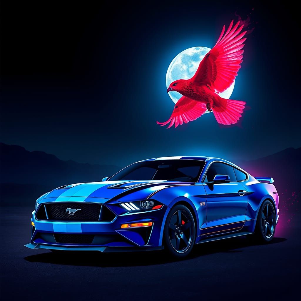 Sleek Mustang Under Red Bird, in Neon Style