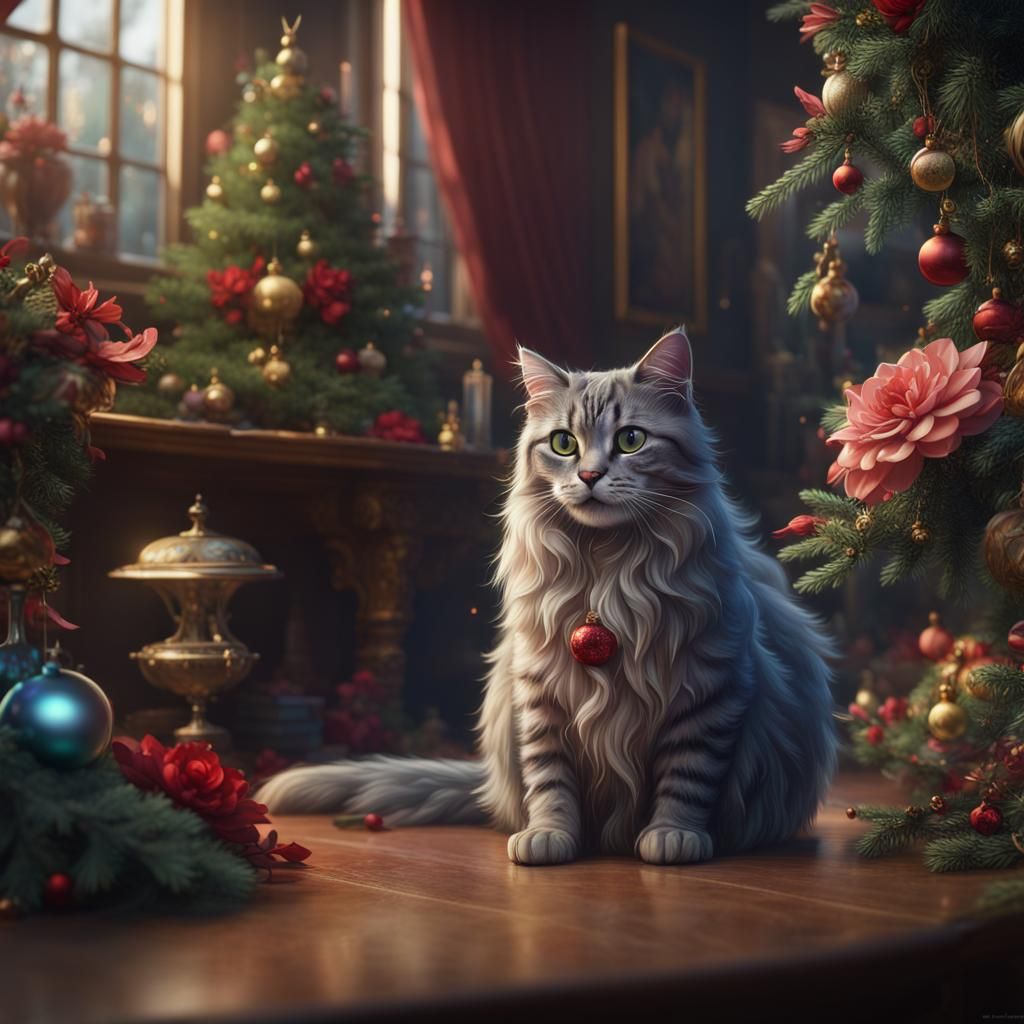 Festive Cat with Flowers: Detailed Matte Painting