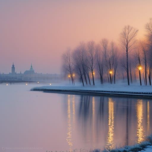 Winter Serenity on the Neva River in Impressionist Brushstro...