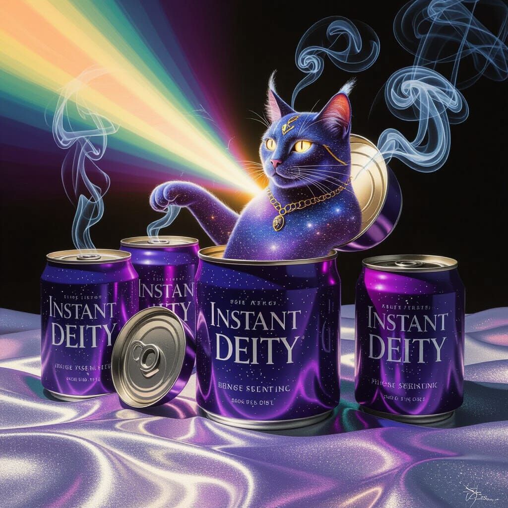 Cat God Emerges From Instant Deity Can Surreal Painting