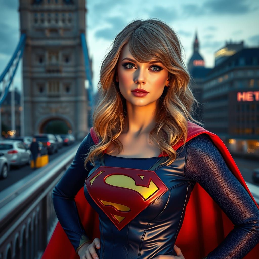 Taylor Swift Lookalike as Supergirl, standing heroically at London bridge.