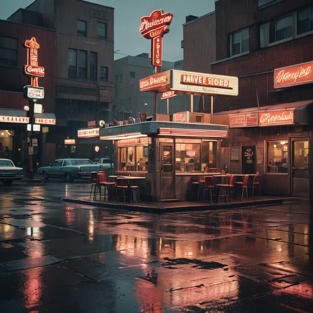 Neon Diner Reflection: Cinematic American Food Scene