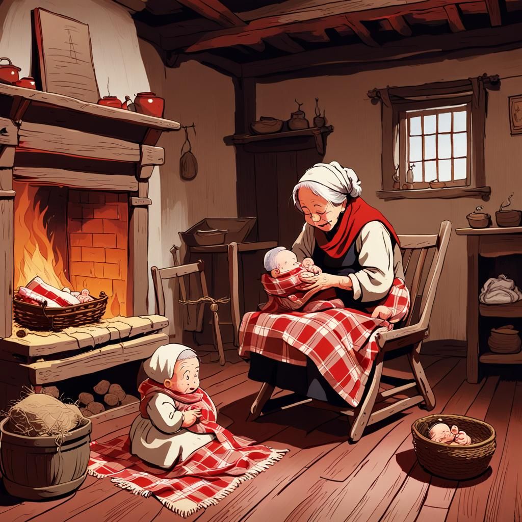 Anime-Style Old Woman with Infant by Fireplace